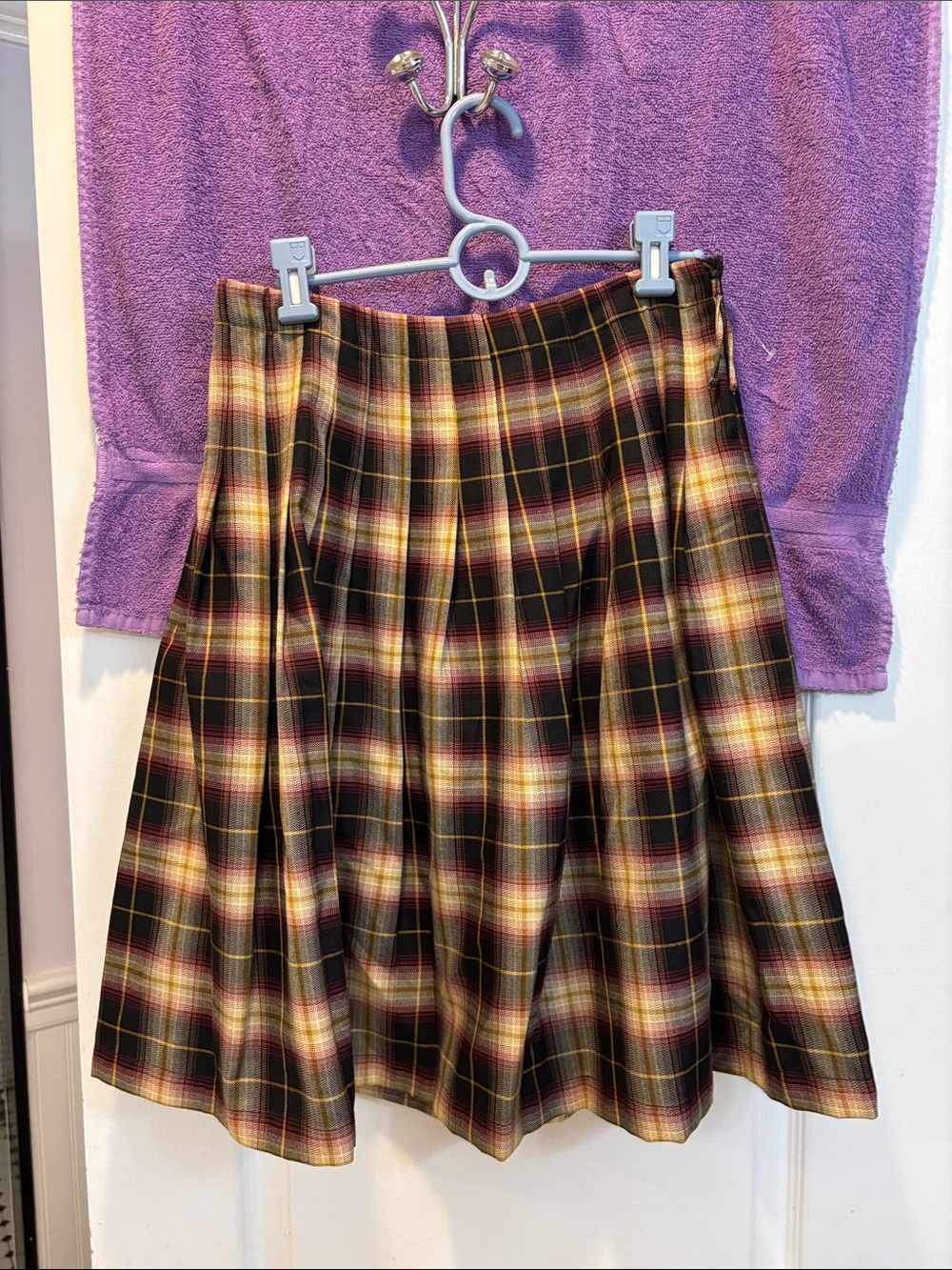 NWT august silk Black Plaid Pleated Skater Skirt with Yellow and Pink Accents